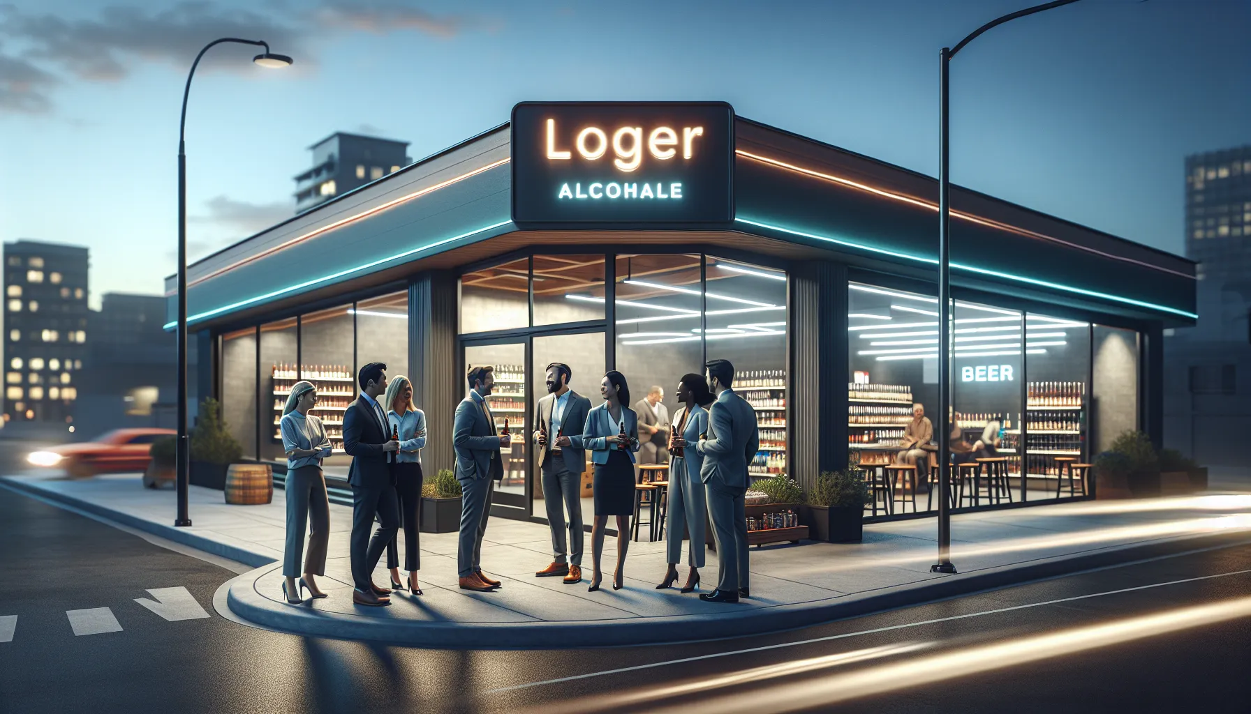 Thorntons store with people discussing beer sale hours in evening light.