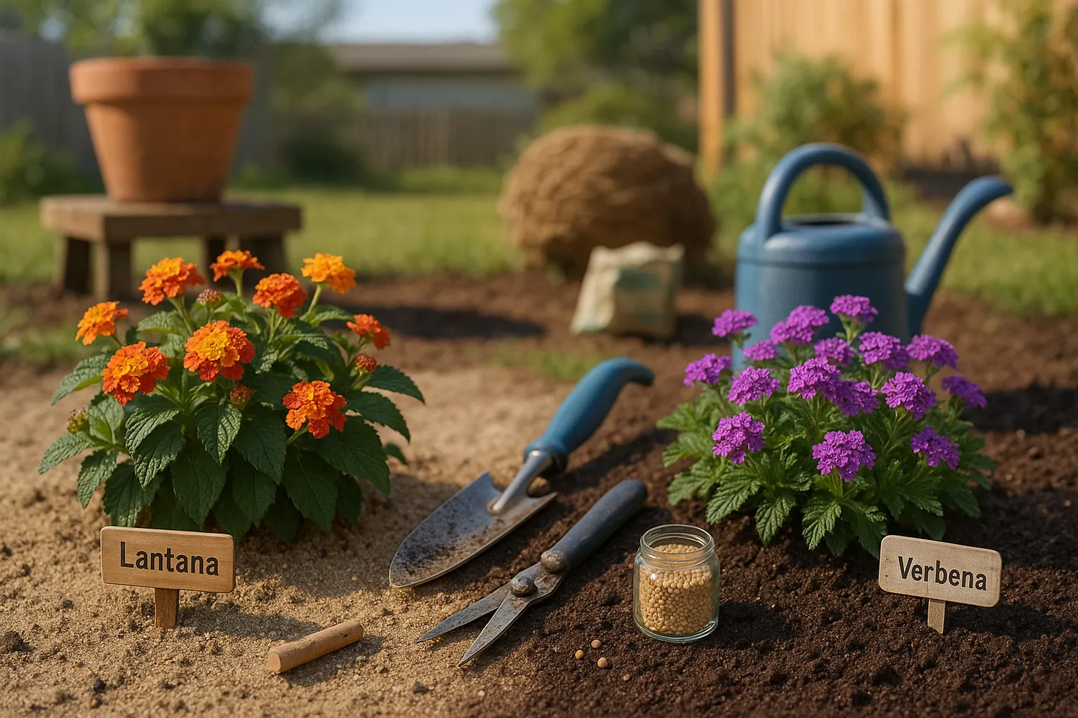 Side-by-side lantana and verbena in sunlit garden bed with tools.