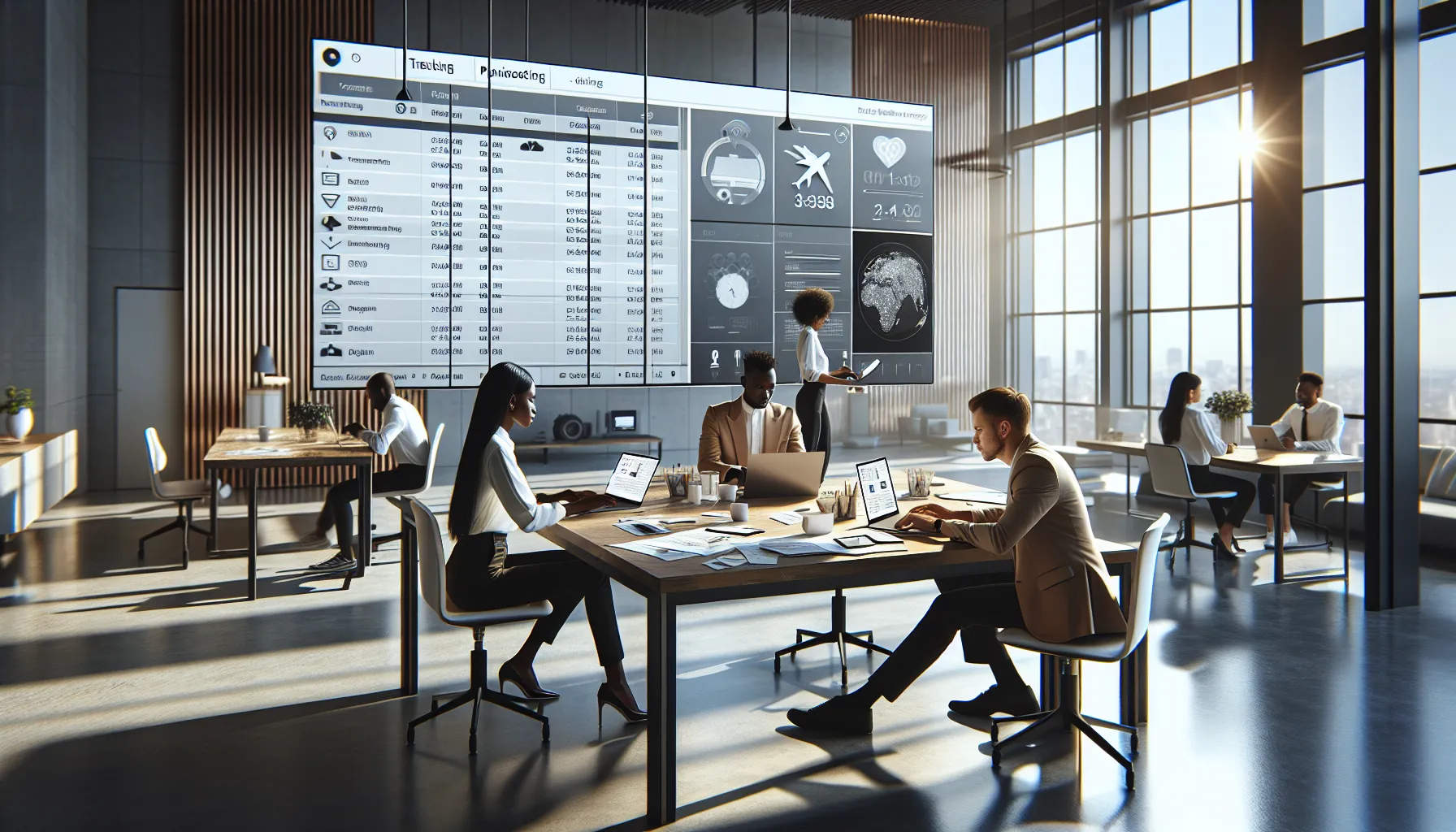 diverse team tracking phone shipments in a modern office.