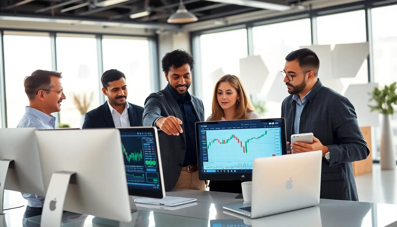 diverse team discussing trading platforms in a modern office