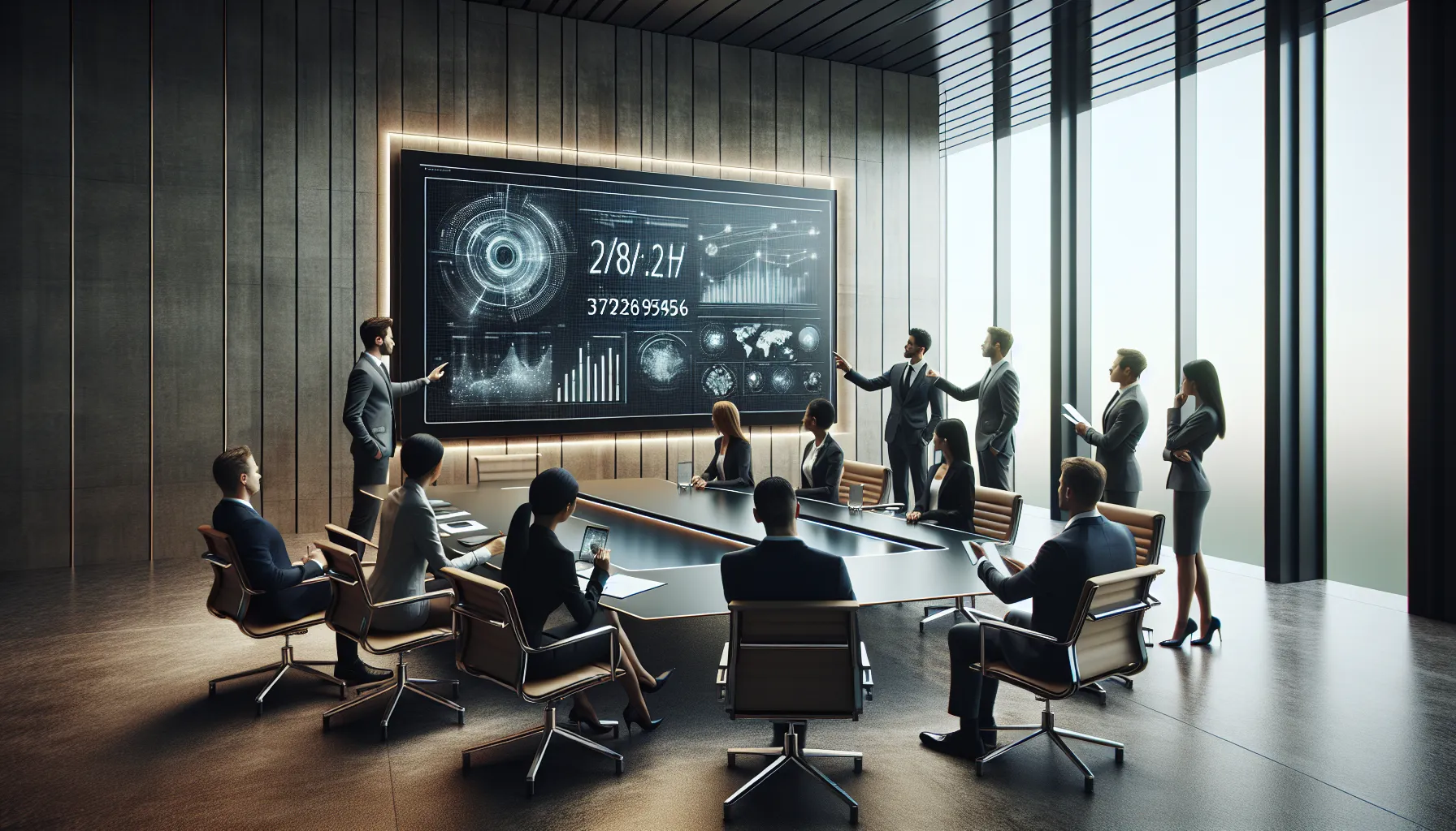 diverse team analyzing data in a modern conference room.