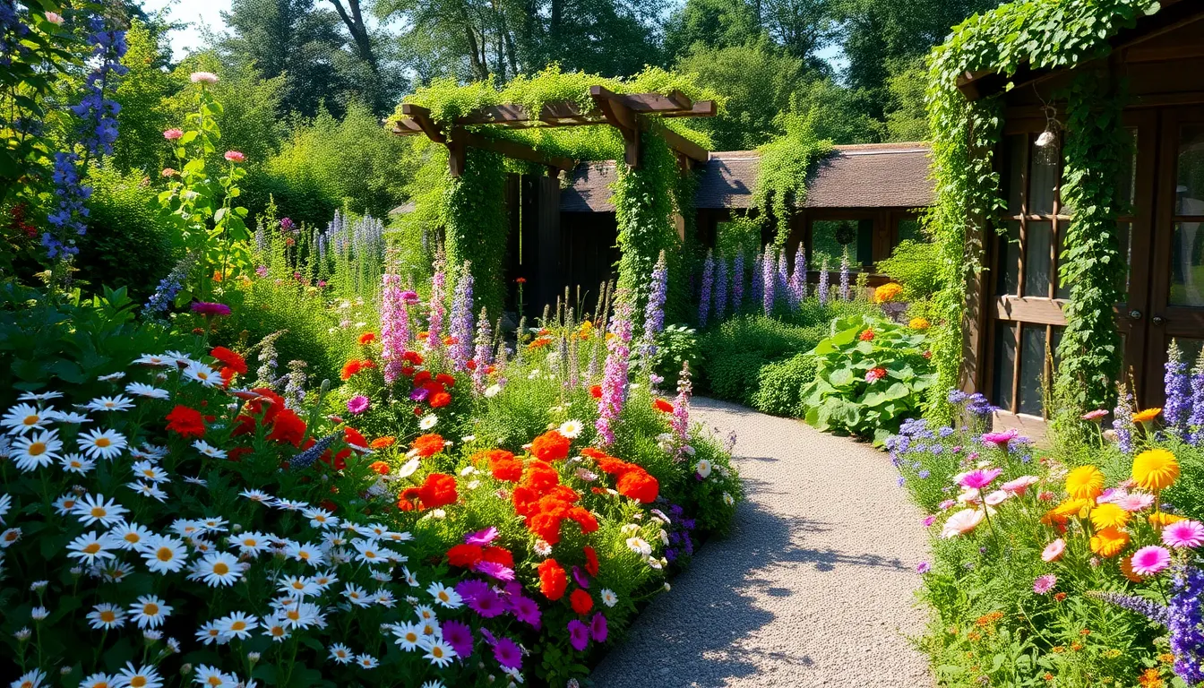 a vibrant cottage garden with curved paths and dense plantings.