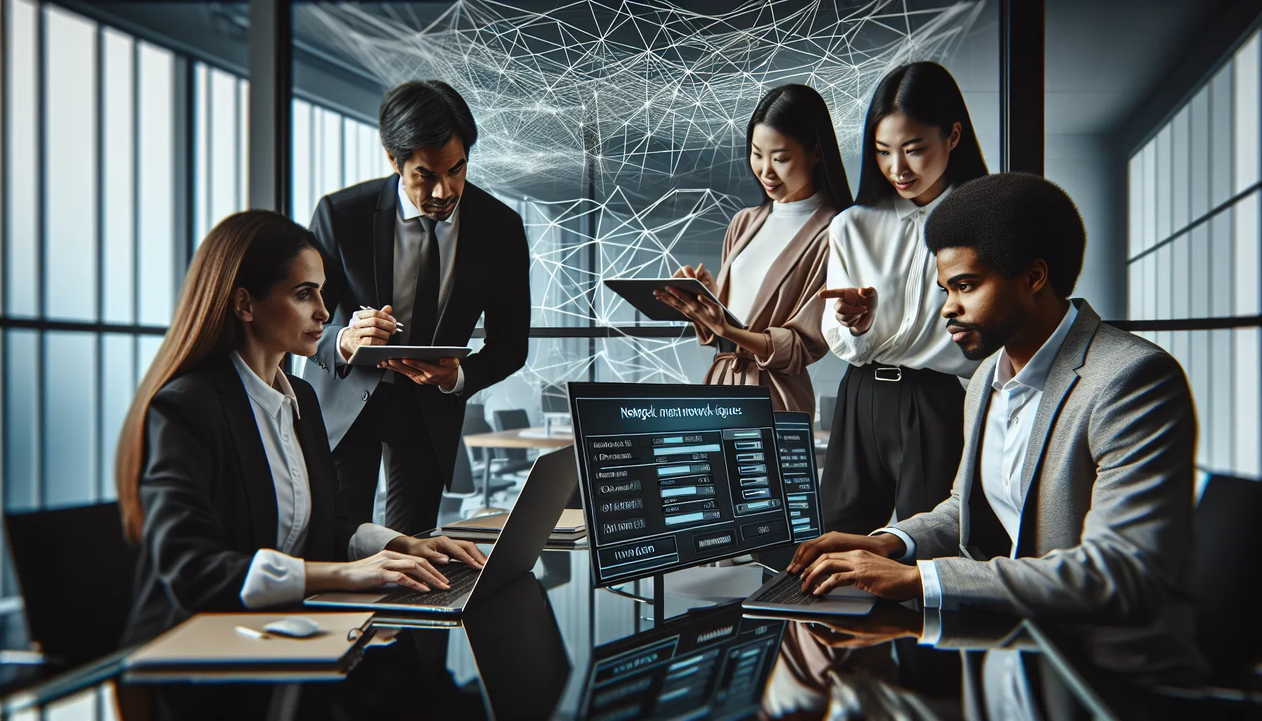 diverse team troubleshooting network issues in a modern office.