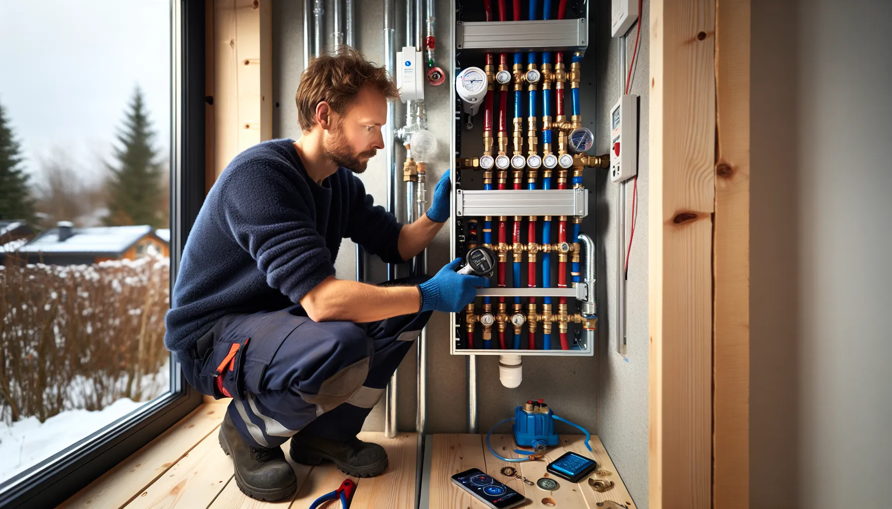 Slik installerer du et vannbesparende rørsystem i hjemmet ditt en side dedikert til rør, rørsystemer og rørteknologi 4 Norwegian plumber installs manifold cabinet with pex, leak sensor, and tek17 docs.
