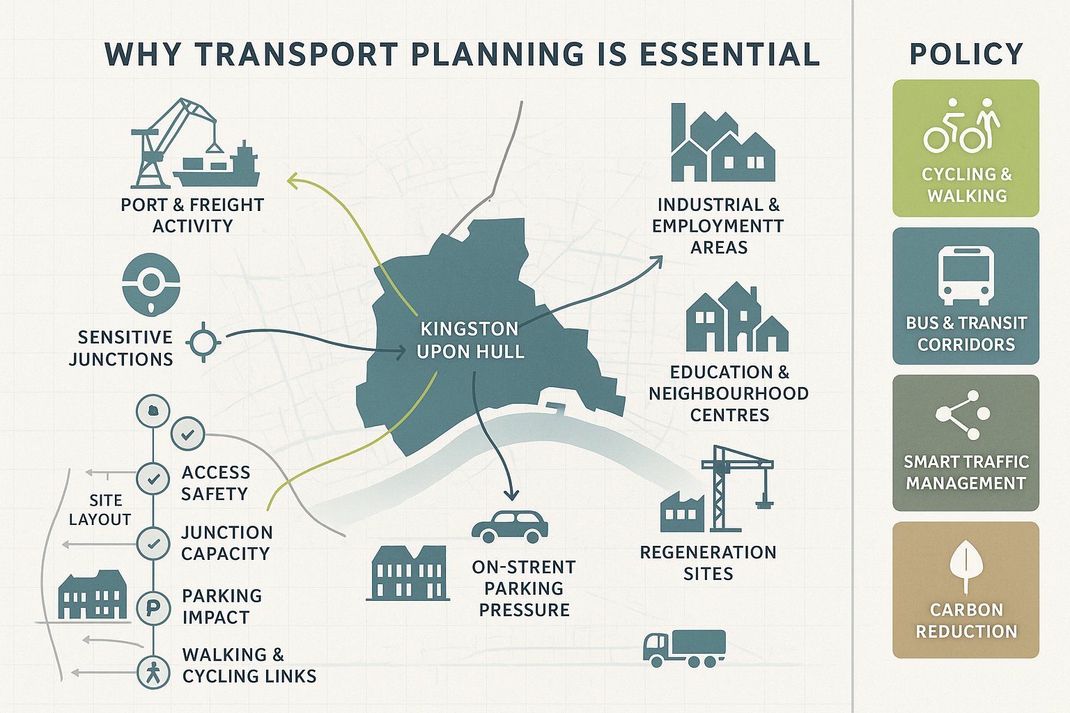 Infographic map showing key transport planning factors in Kingston upon Hull.