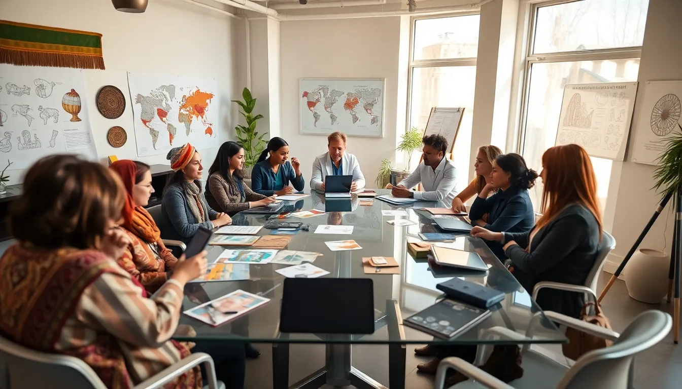 diverse professionals discussing cultural concepts in a modern studio.