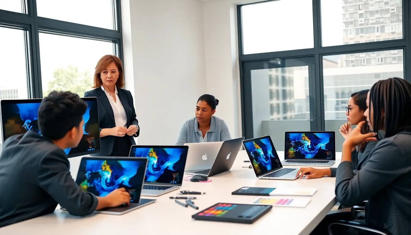 Diverse group in a classroom learning Photoshop in a modern environment.
