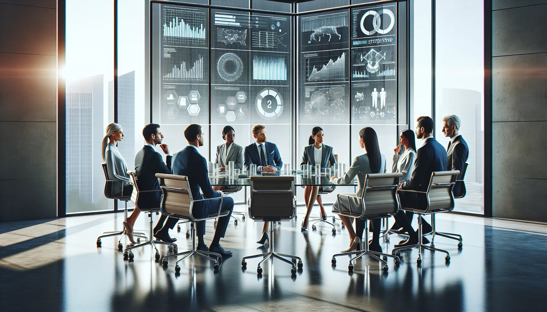 diverse professionals discussing data in a modern office setting.