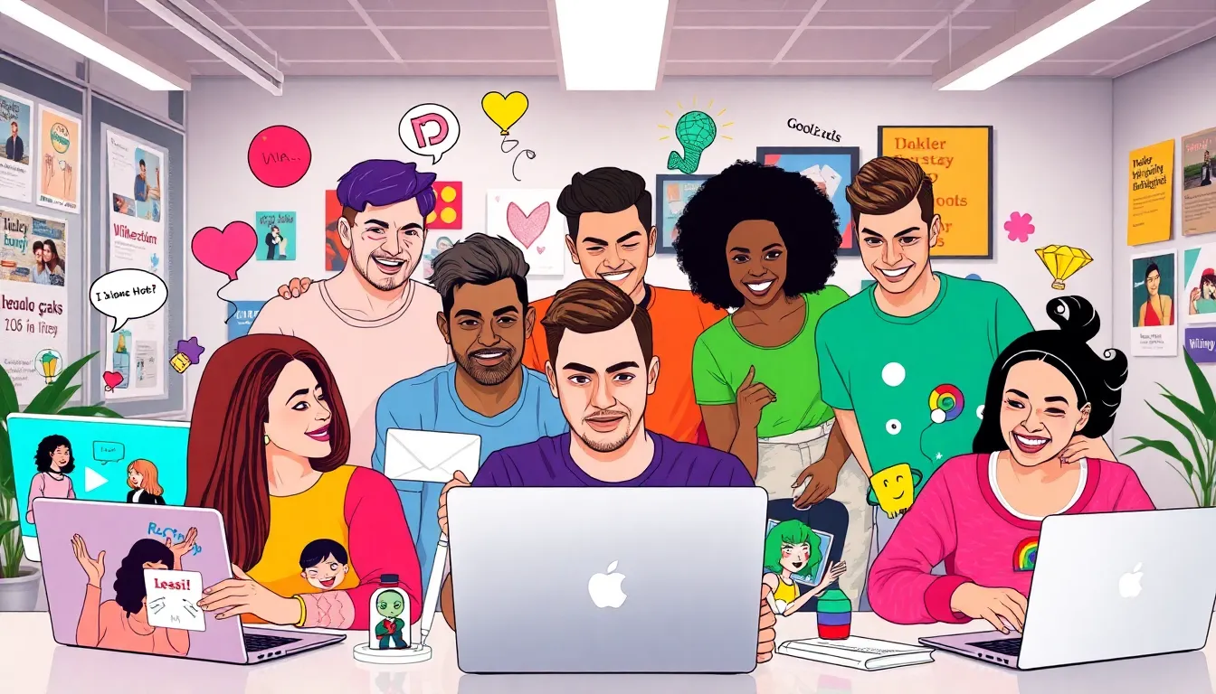 diverse group celebrating creativity in a vibrant, modern workspace.