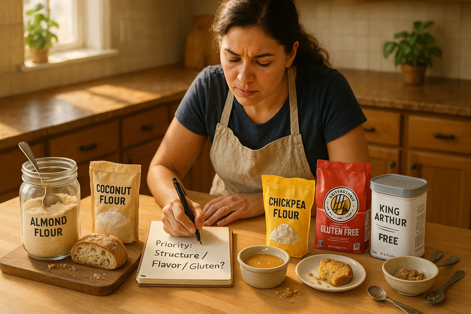 Home cook writing a checklist beside jars of almond, coconut, chickpea, and gluten-free flours.