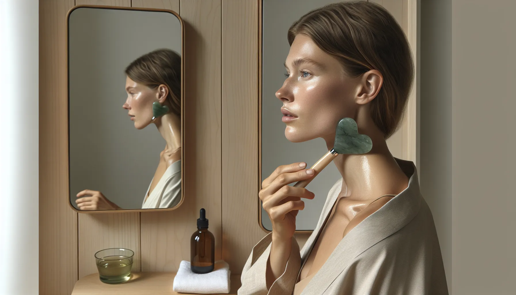 Gua sha for lymfedrenasje: fungerer det virkelig? 2 Woman using a jade gua sha on her neck in soft morning light.