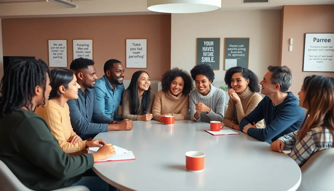 diverse parents discussing parenting styles in a community center.