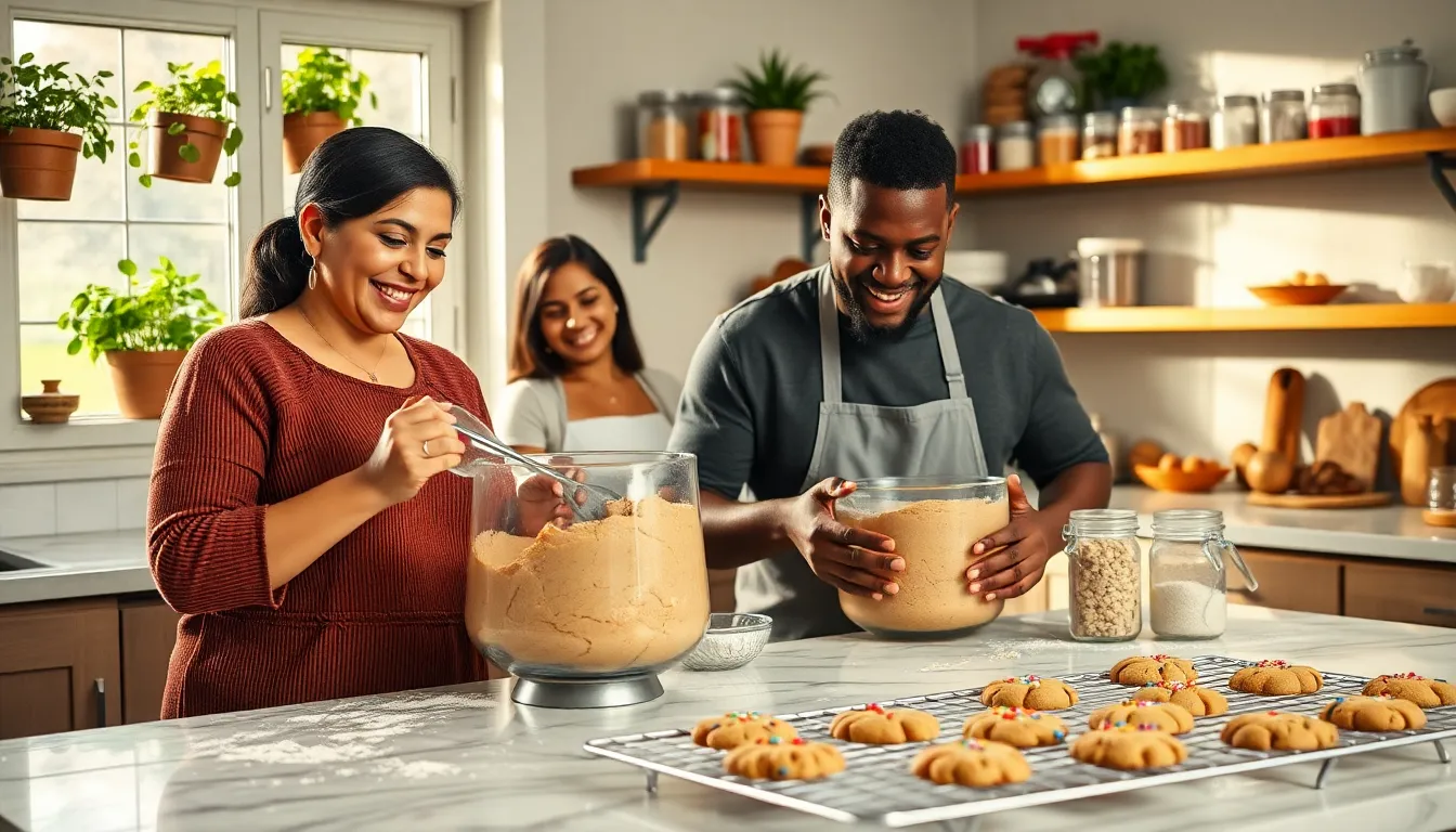 a diverse group baking cookies in a cozy kitchen.