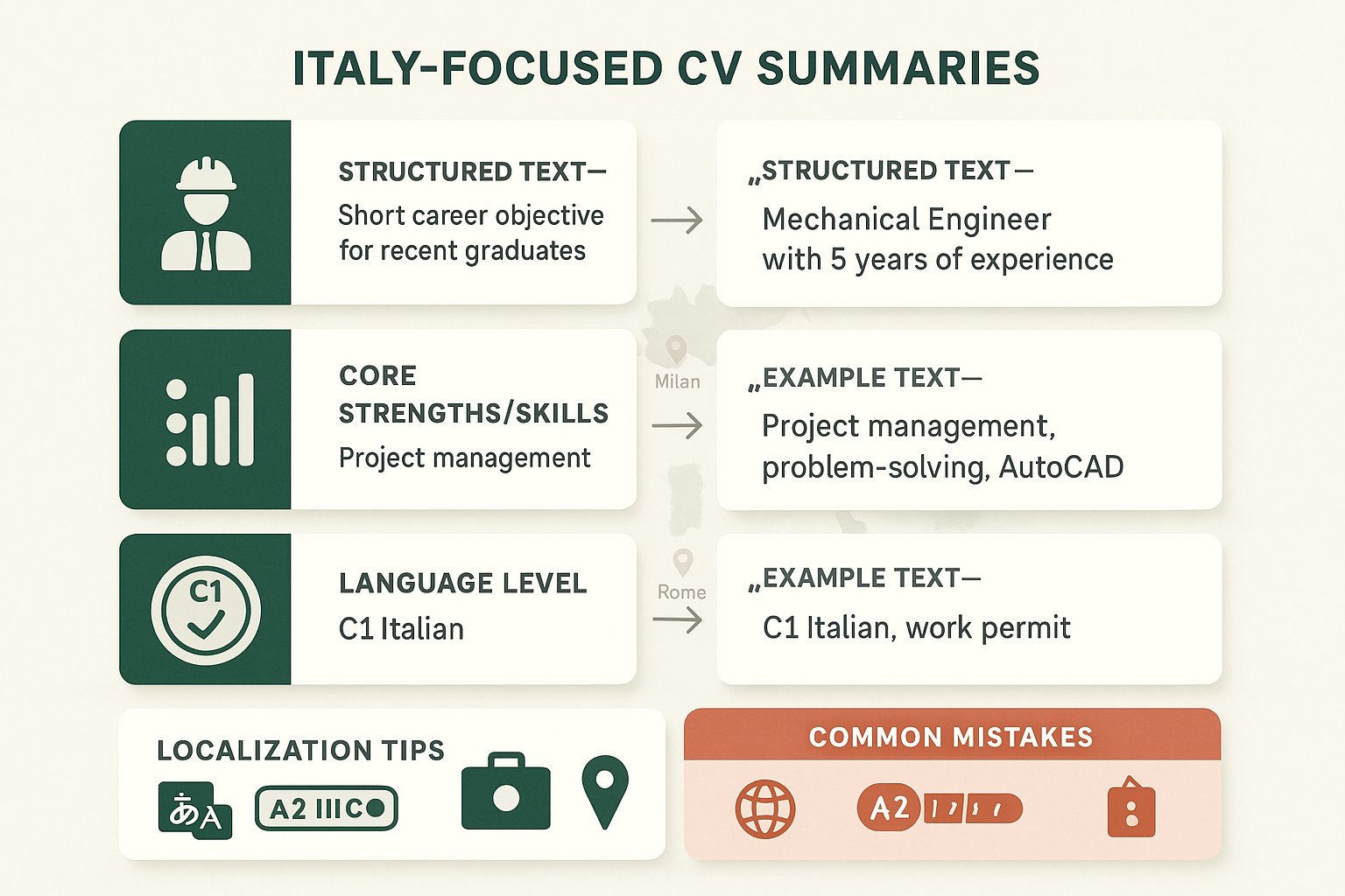 Infografica che mostra passaggi ed esempi per riepiloghi CV, informazioni su lingua e visto.