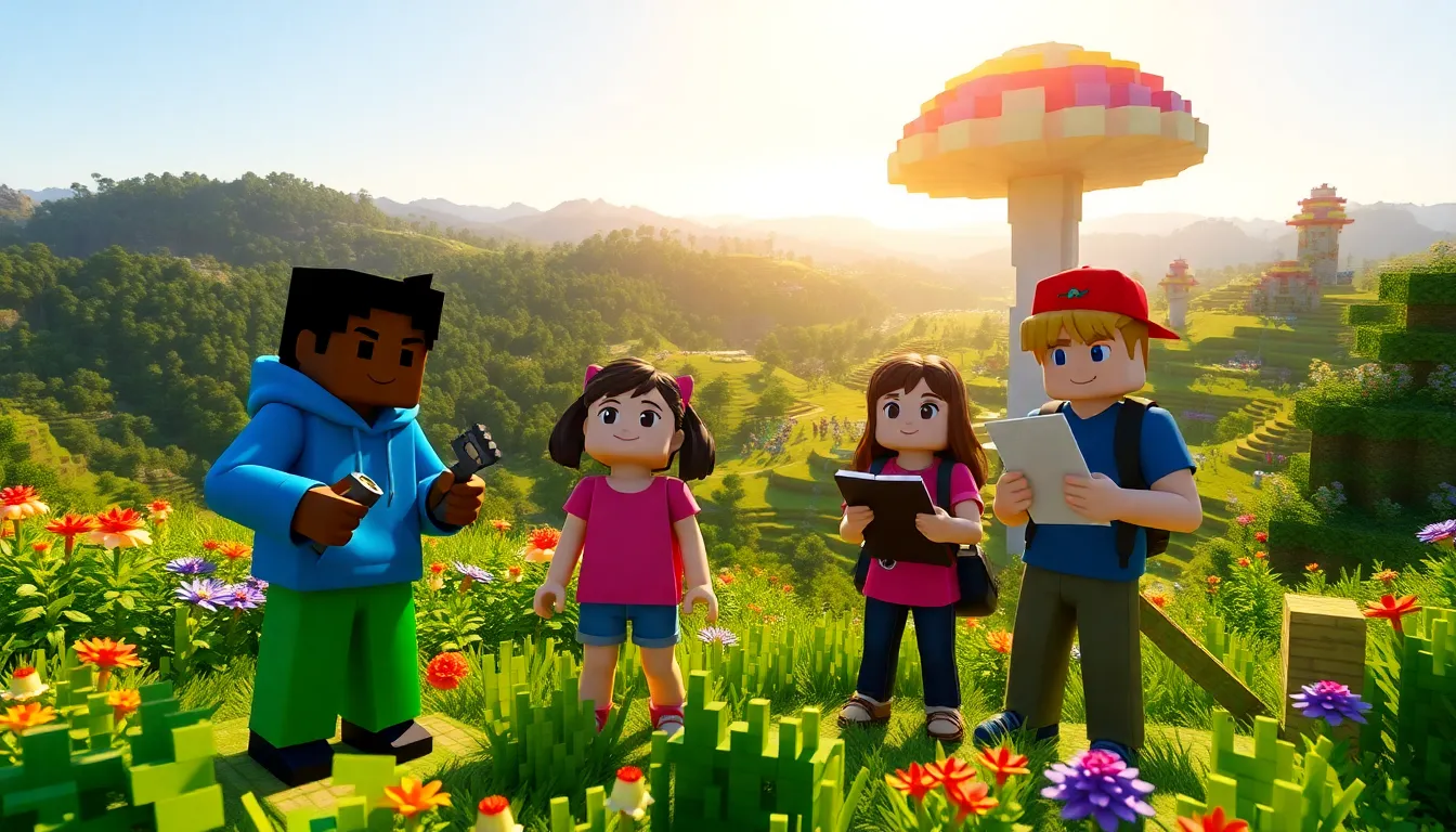 Minecraft characters exploring a vibrant new biome from the ImagineerGames update.