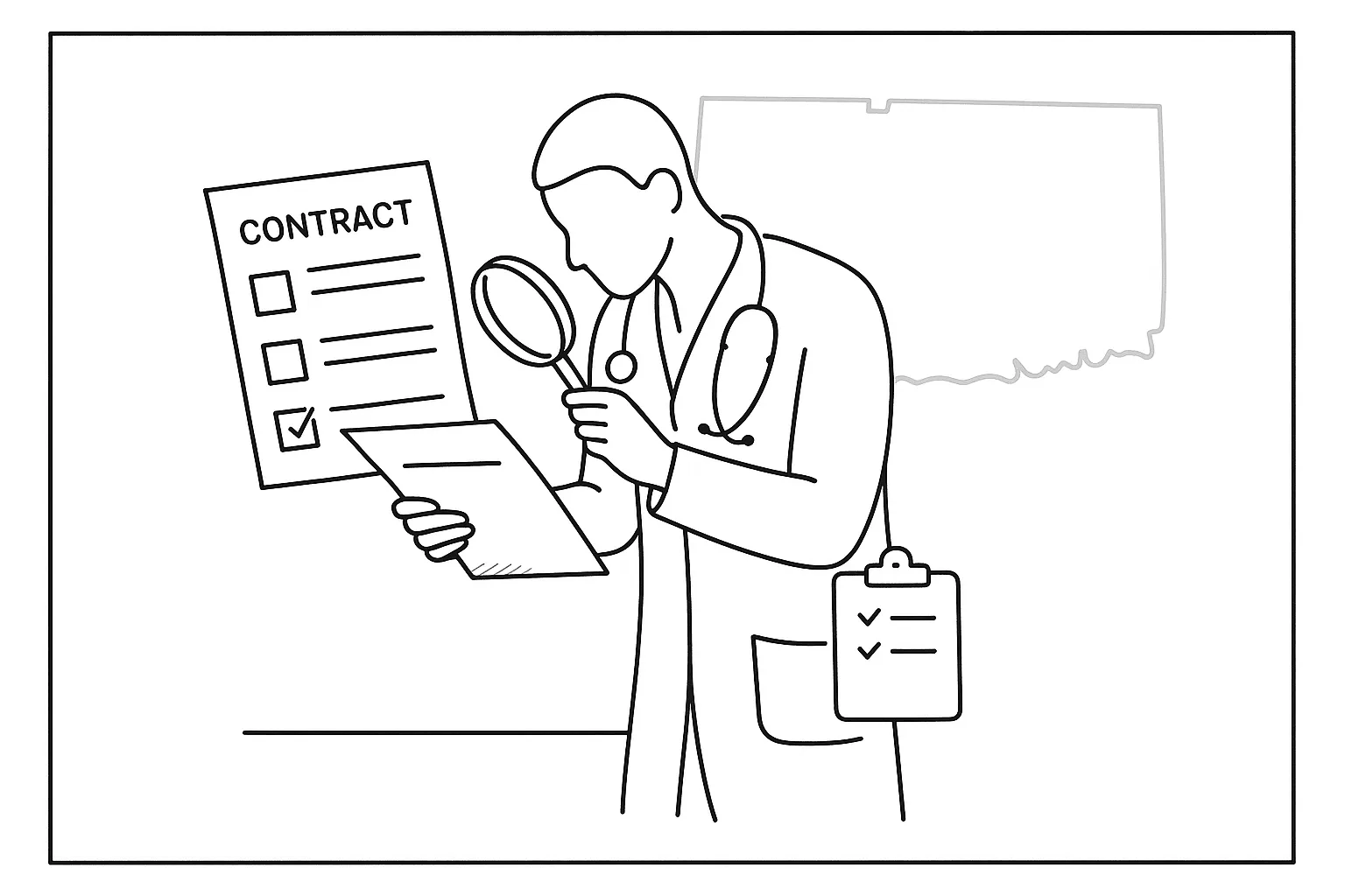 Physician assistant examining a contract with Connecticut outline in background.