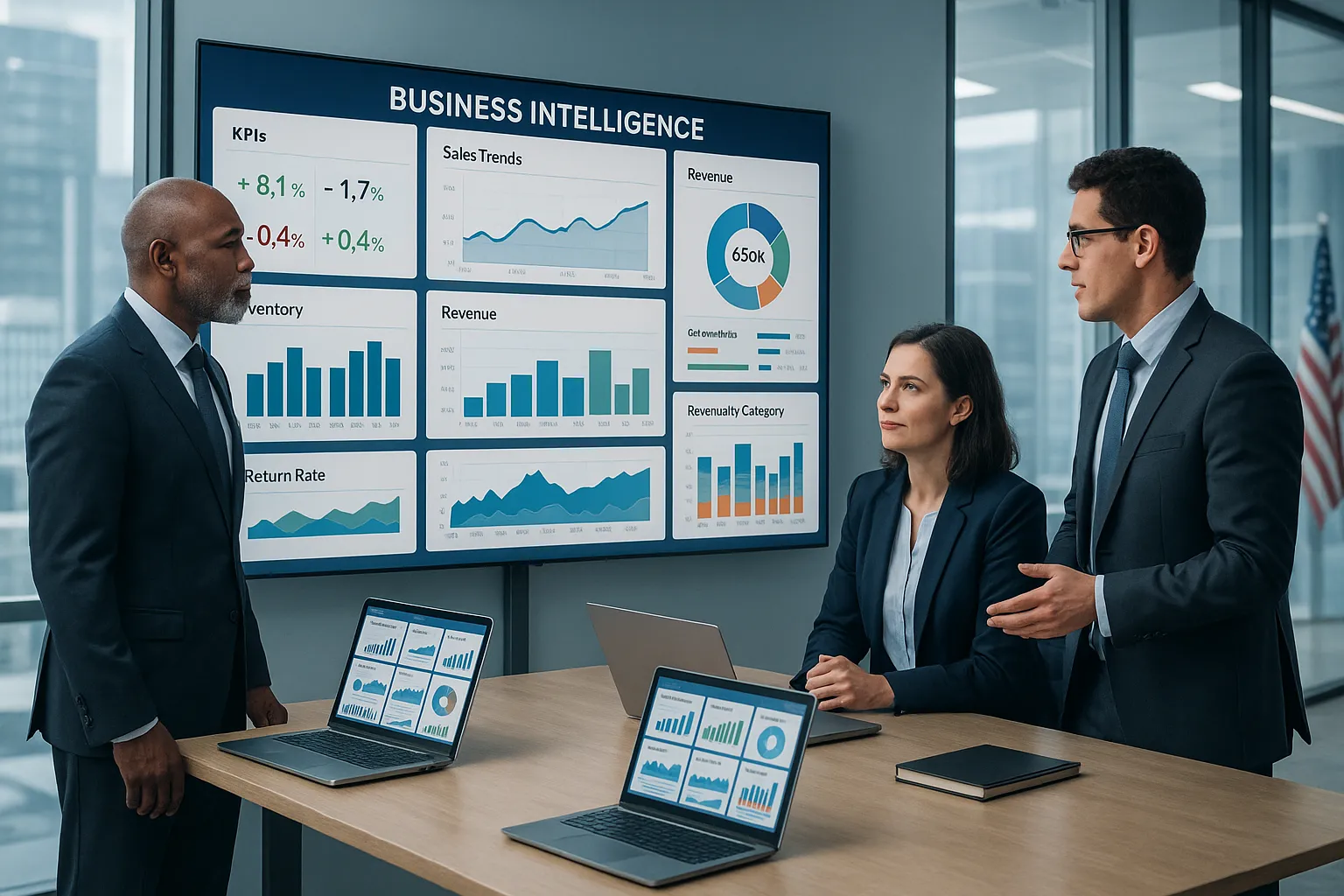 Professionals reviewing a unified BI dashboard in a modern office.