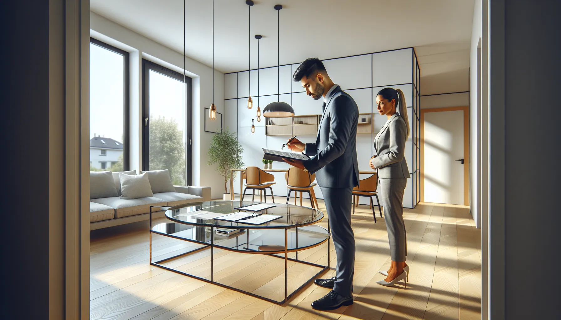 Croatian professionals reviewing property handover documents in modern apartment interior