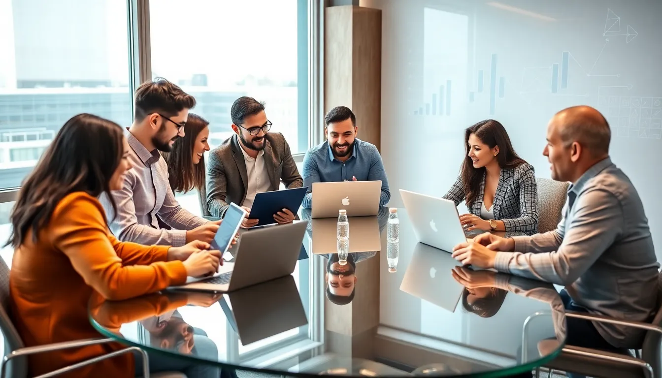 diverse team brainstorming in a modern office setting.