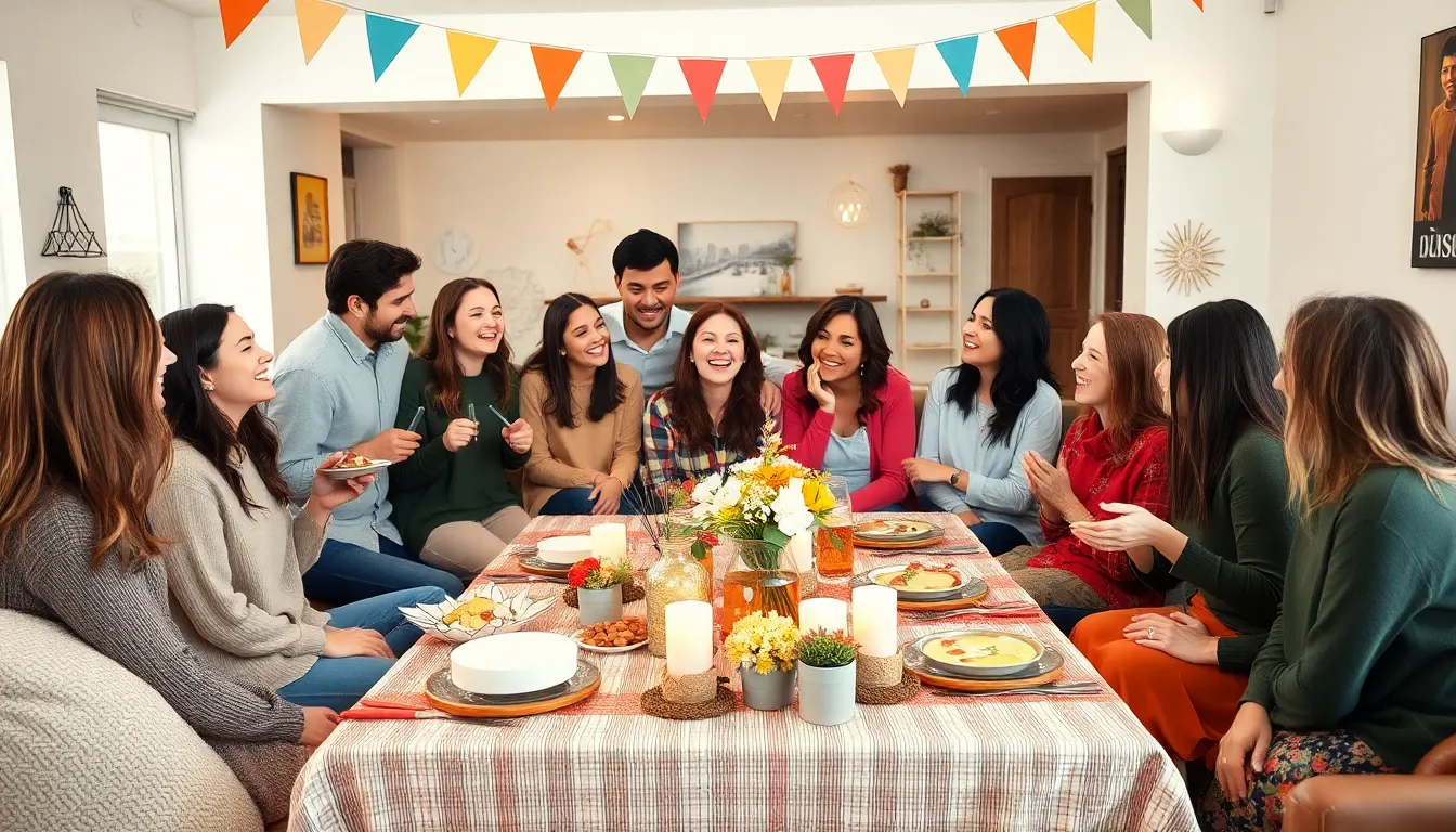 A cozy gathering featuring friends enjoying a creatively arranged table.