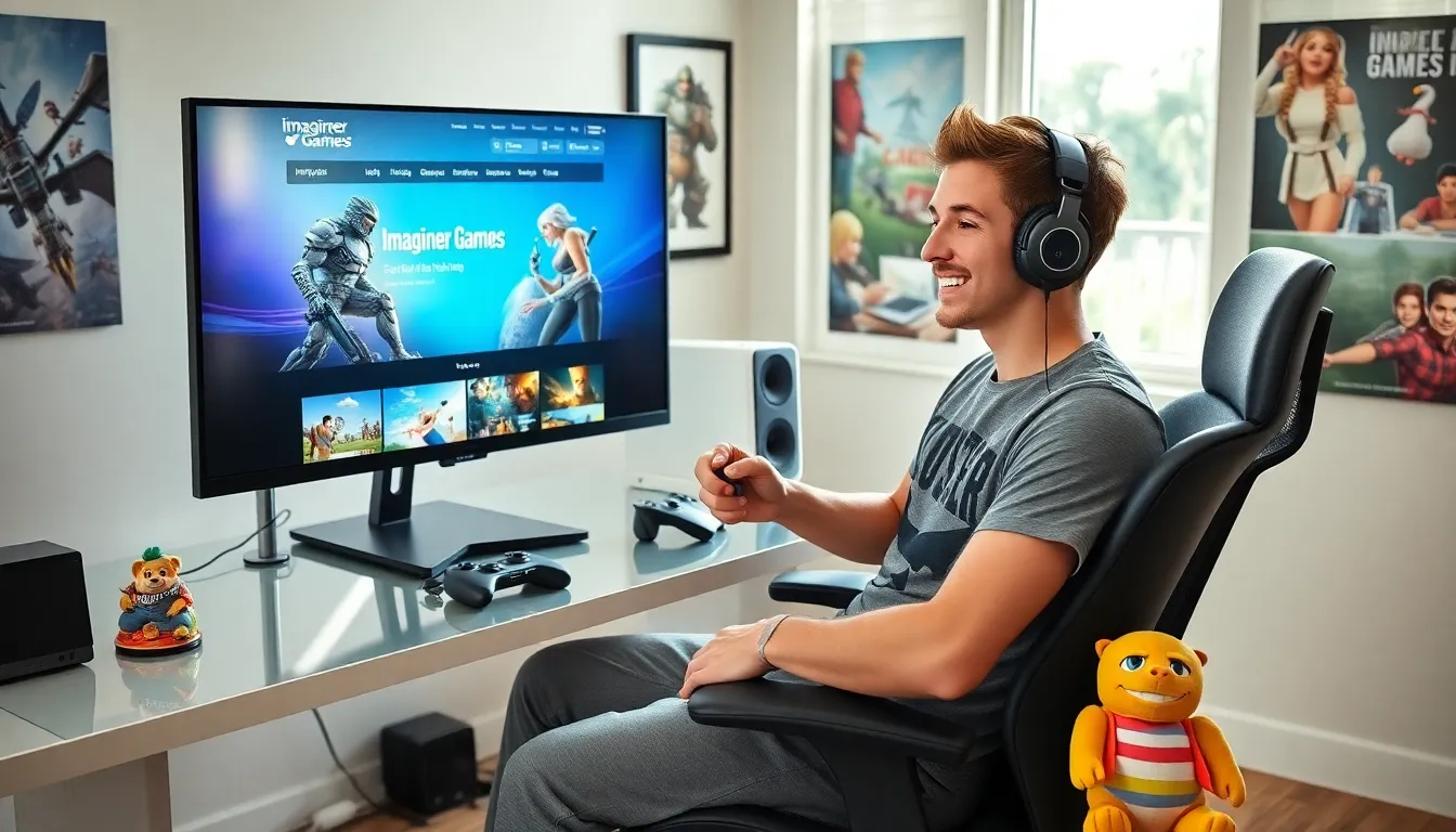 a young man gaming in a modern home office, focused on ImagineerGames.com.