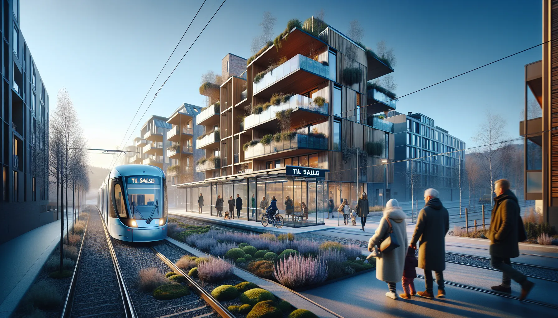 Hvordan påvirker kollektivtransport boligprisene i byene? 3 Modern norwegian apartments near tram stop with bikes, commuters, and noise barrier.