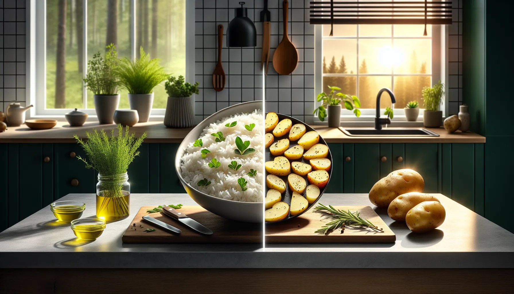 A bowl of rice and a plate of baked potatoes on a kitchen counter.