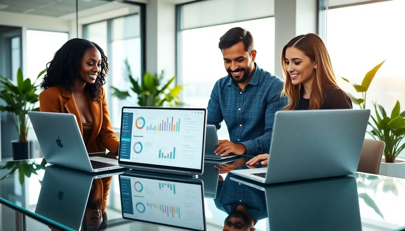 diverse team collaborating with administrative software in a modern office.