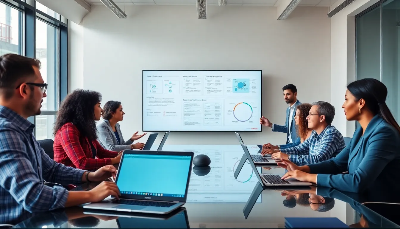 diverse professionals collaborating on low code process automation in a modern office.
