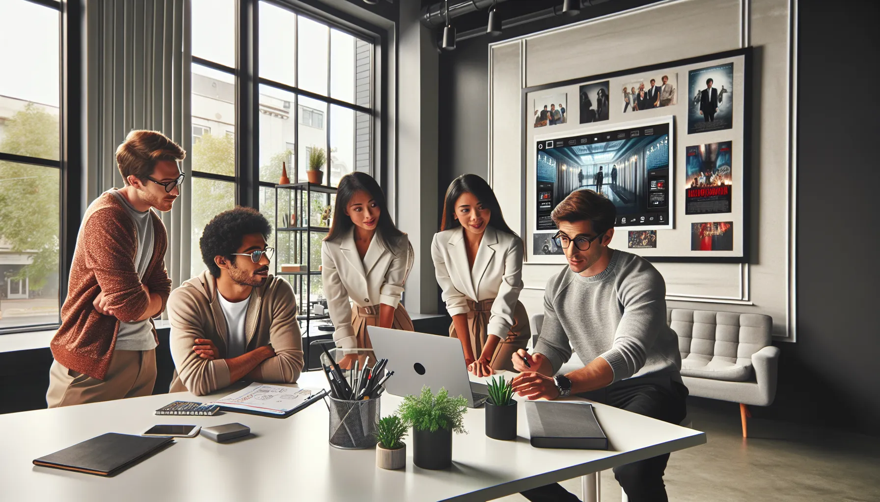 diverse team discussing movies in a modern office.