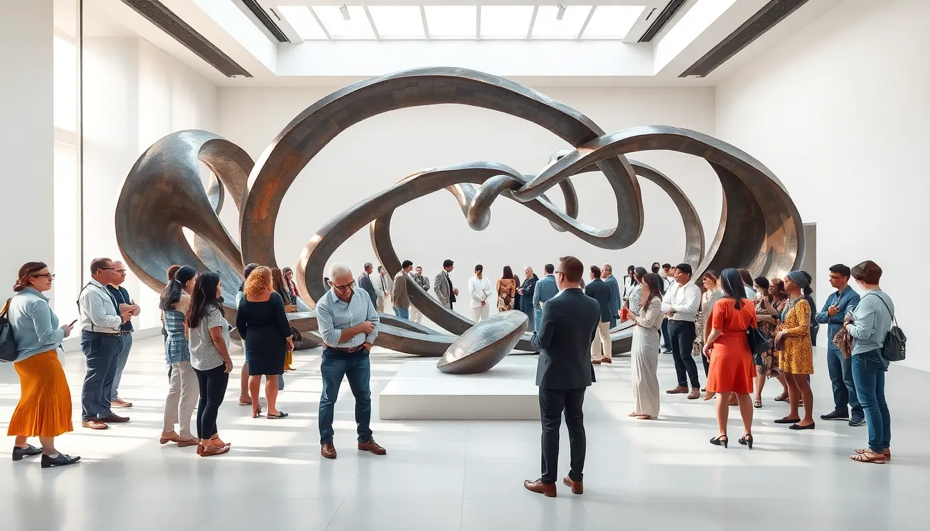 diverse professionals engaging with a modern art installation.