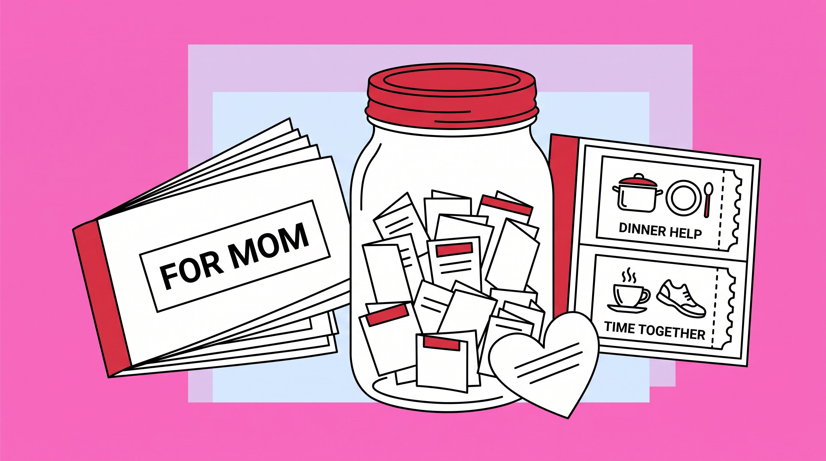 Memory jar and handmade coupon book filled with thoughtful gifts for Mom.