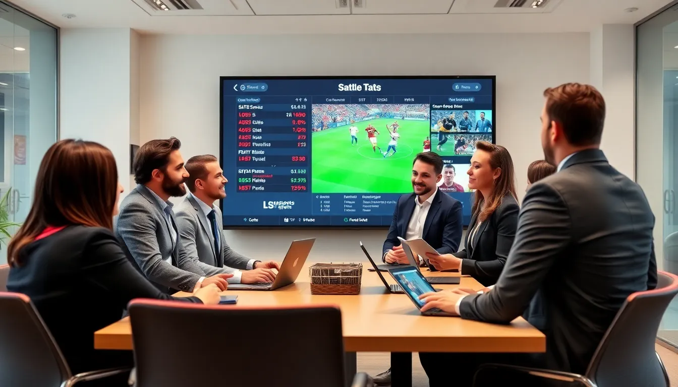 diverse team discussing football statistics in a modern office setting.