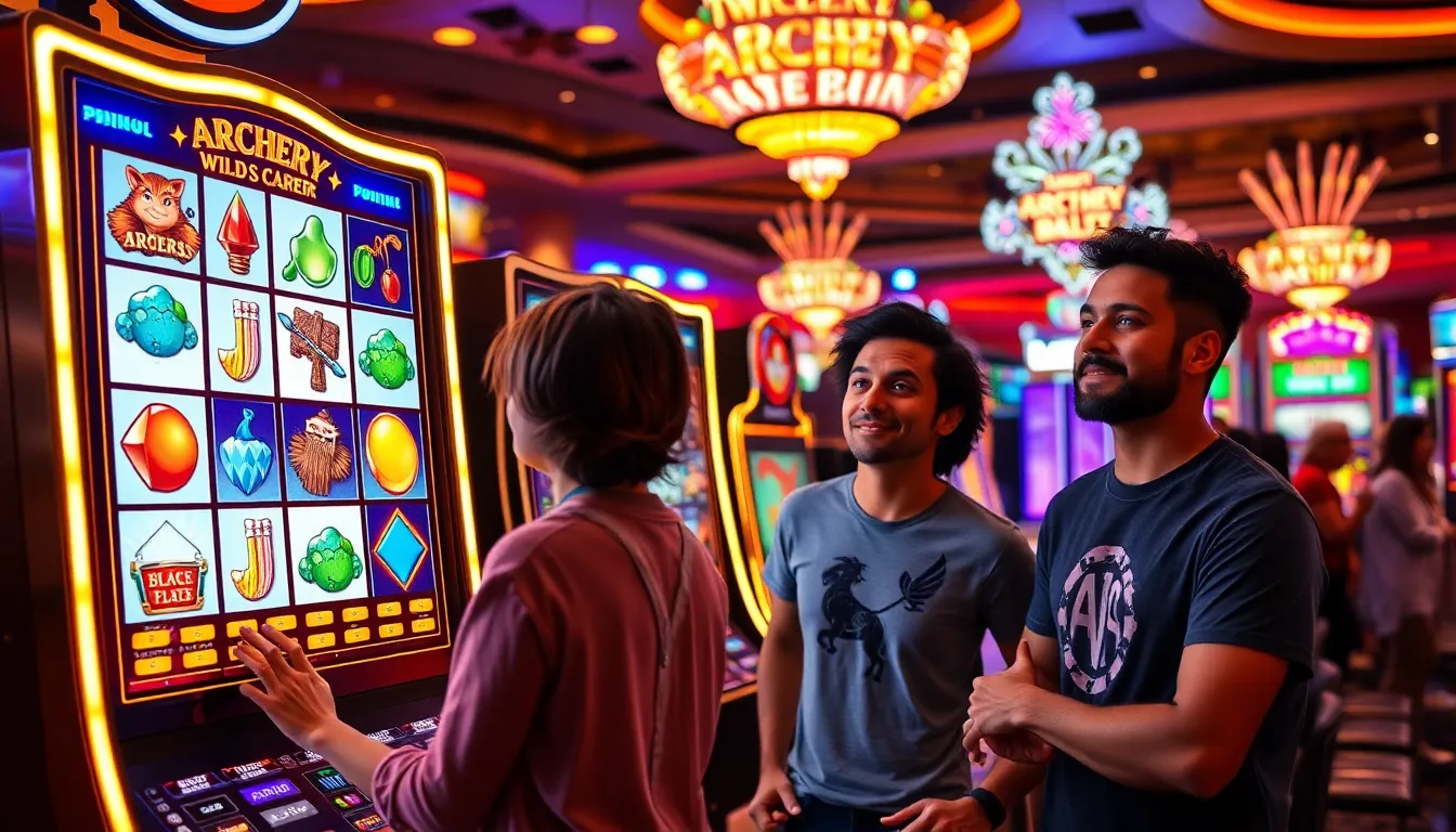 a colorful archery-themed slot machine in a busy casino setting.