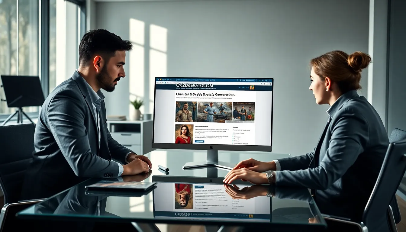 professionals discussing character generation for Crusader Kings II in a modern office.