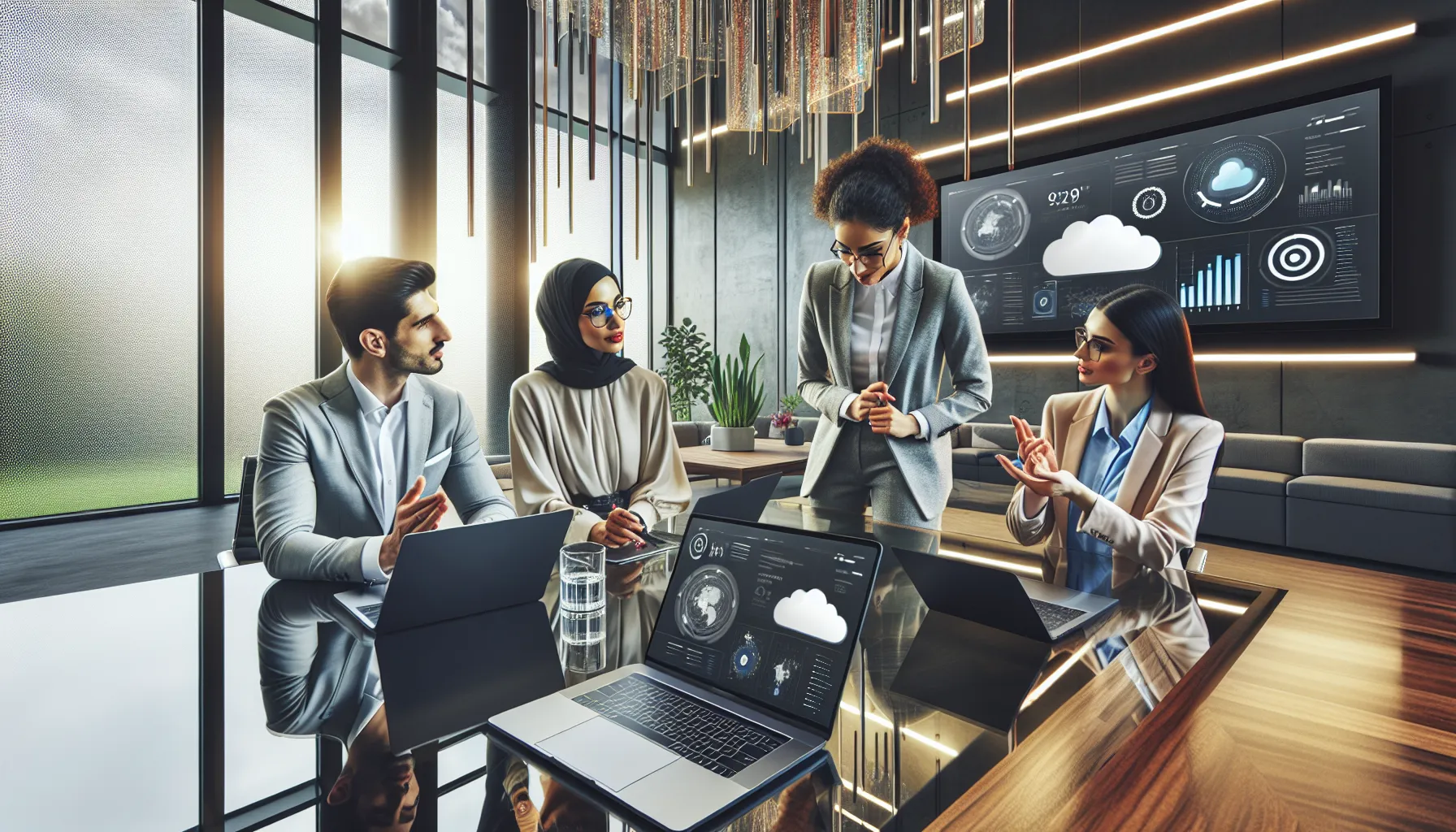 diverse team collaborating in a modern office on cloud solutions.