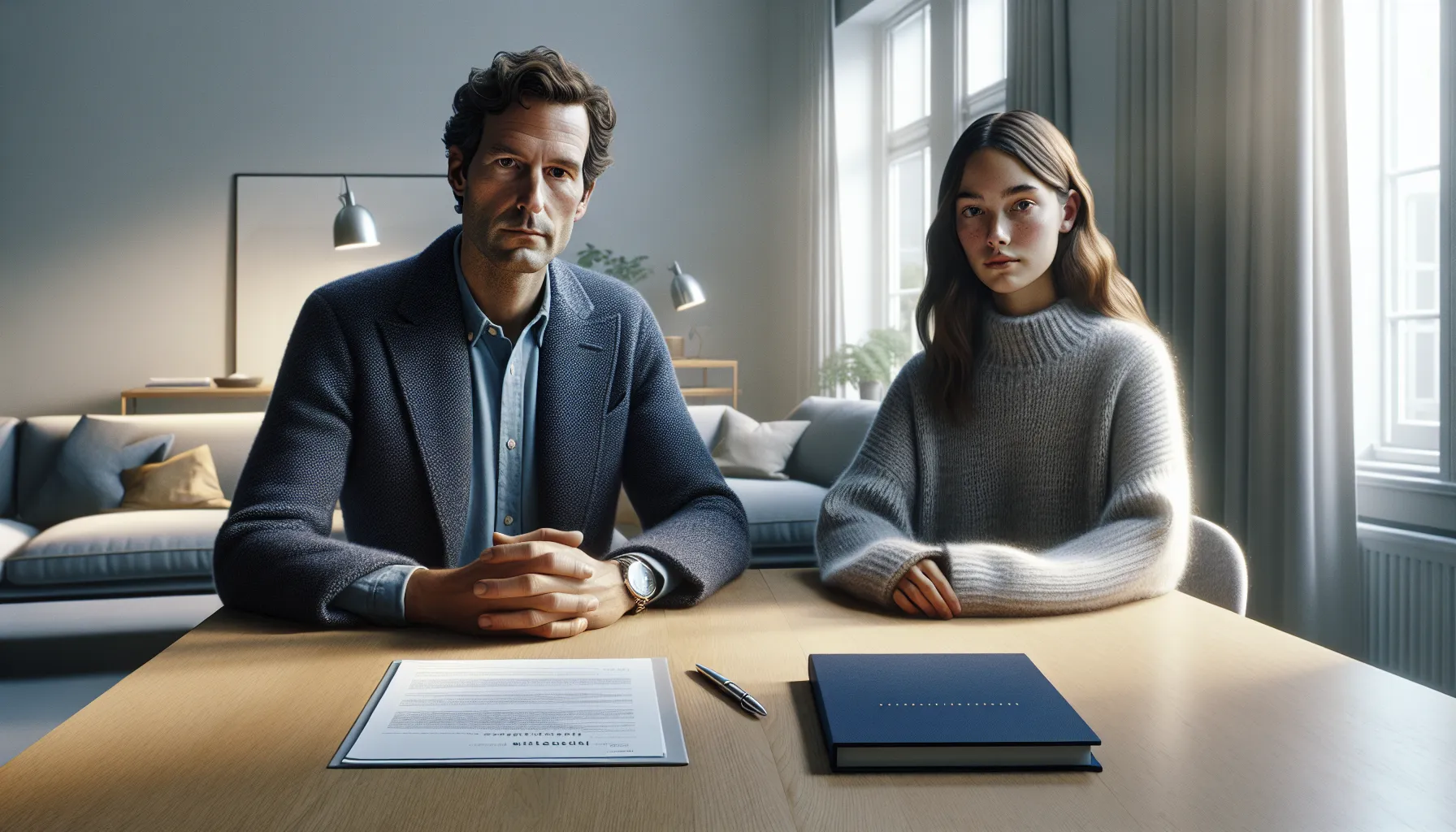 Landlord and tenant calmly discussing rental law with husleieloven book on table.