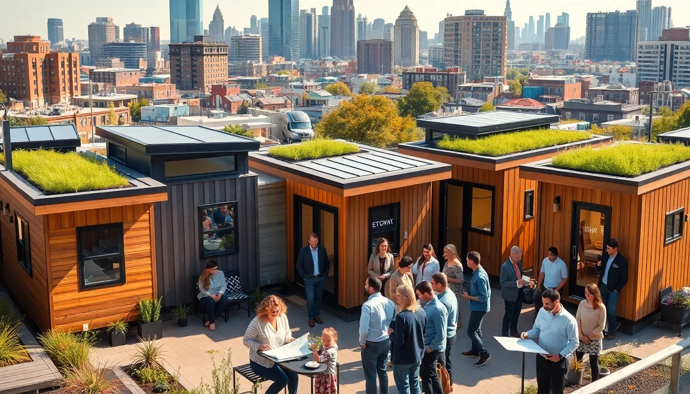 modern tiny homes in a Detroit urban setting with diverse residents.