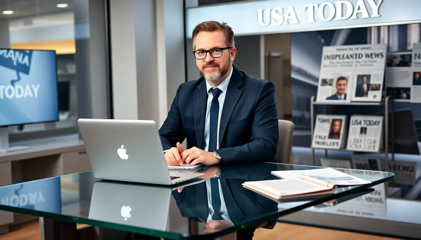 Rex Huppke sitting at a desk in a modern newsroom.