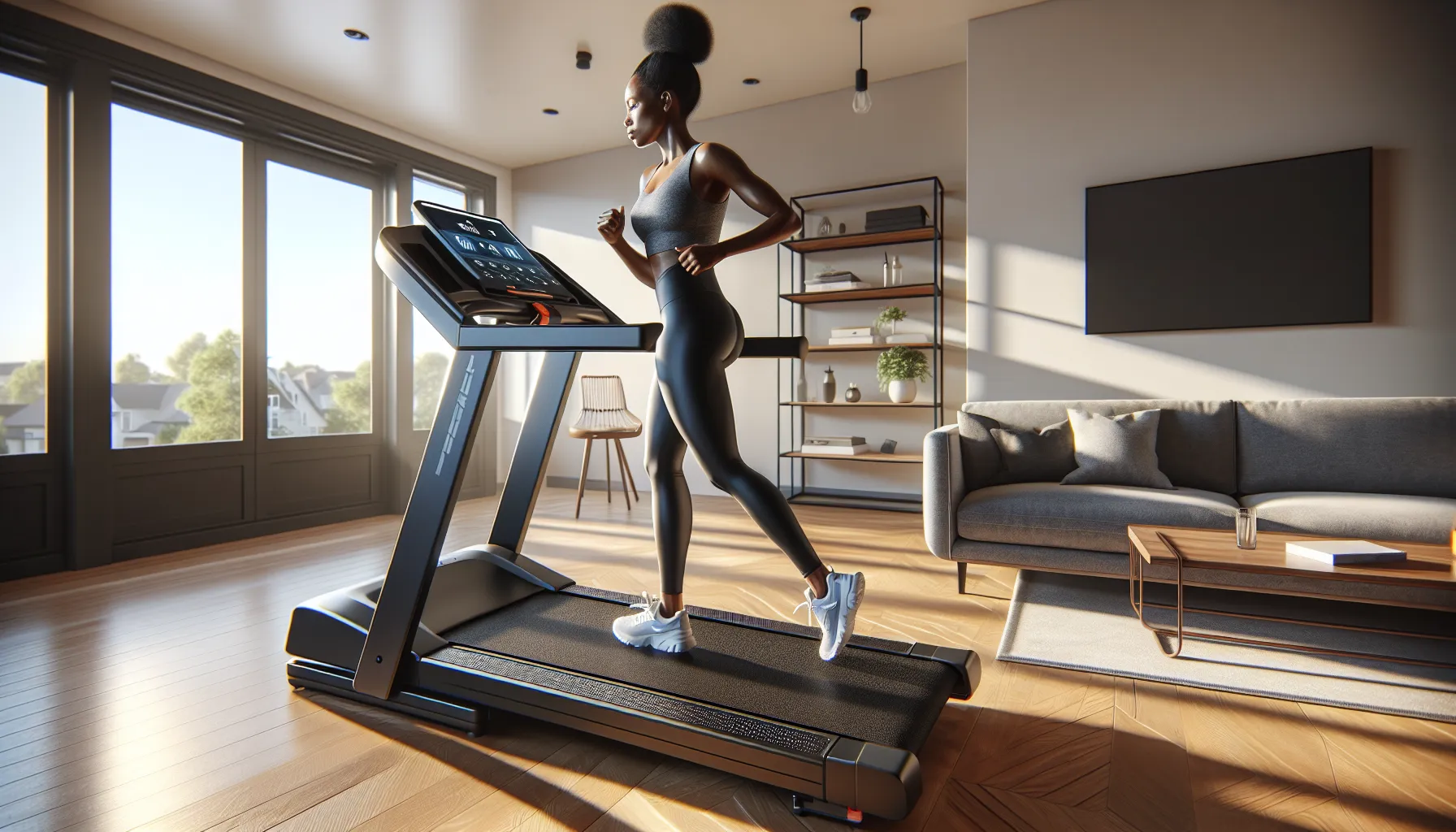 Woman jogging on a foldable treadmill in a sunlit U.S. apartment.