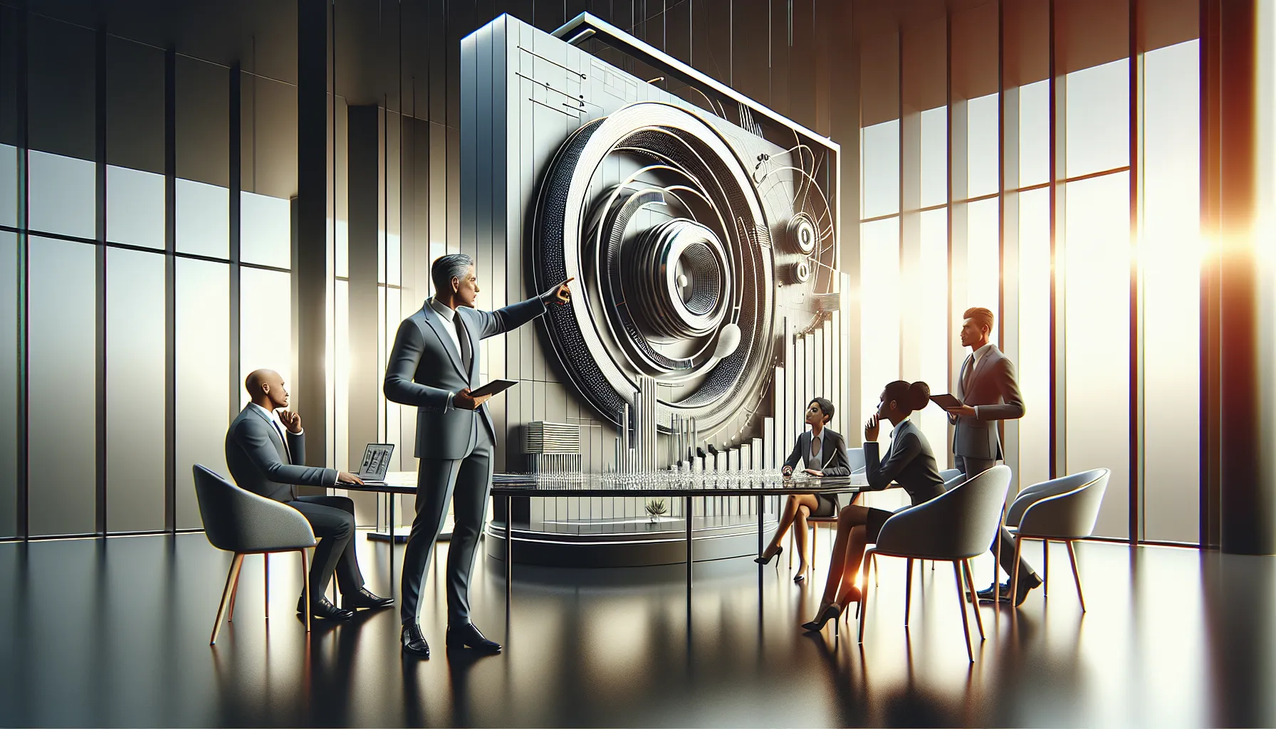 diverse professionals discussing the S-40533E1(EXW) device in a modern office.