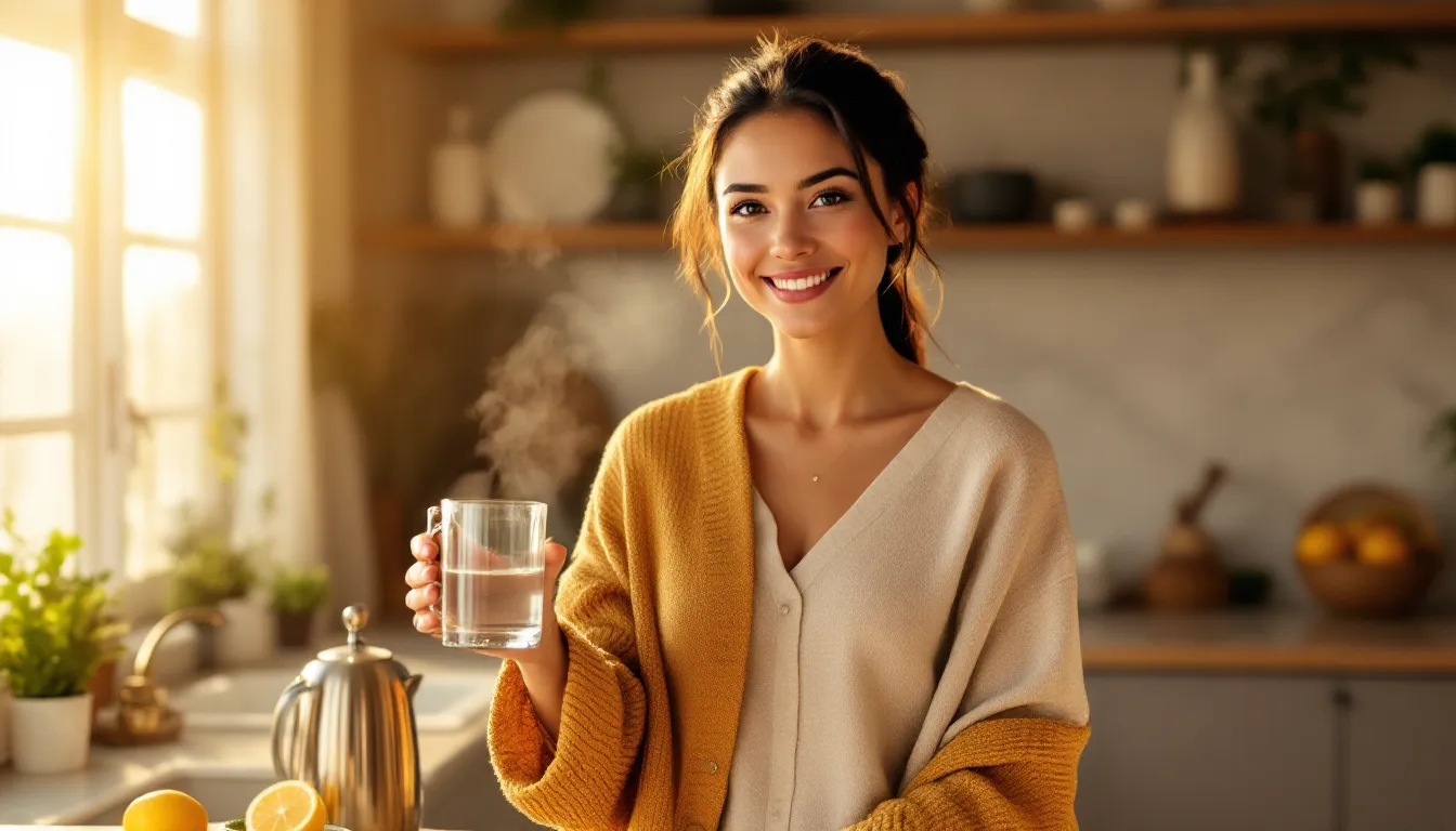 Woman holding warm water in a sunlit kitchen with a tongue scraper nearby.