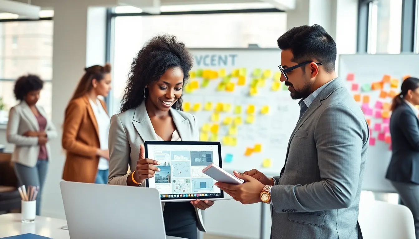 diverse professionals collaborating in a modern office on event planning.