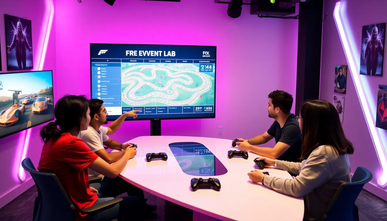 diverse group of gamers creating a track in Forza Horizon 5.