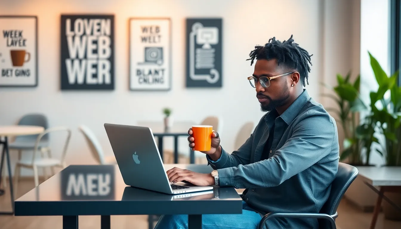 diverse freelancer coding at a modern workspace with coffee.