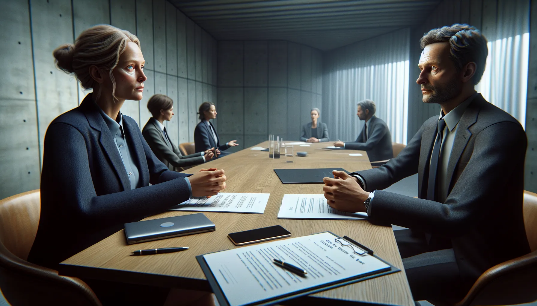Norwegian professionals in a calm meeting room engaged in respectful, win–win negotiation.