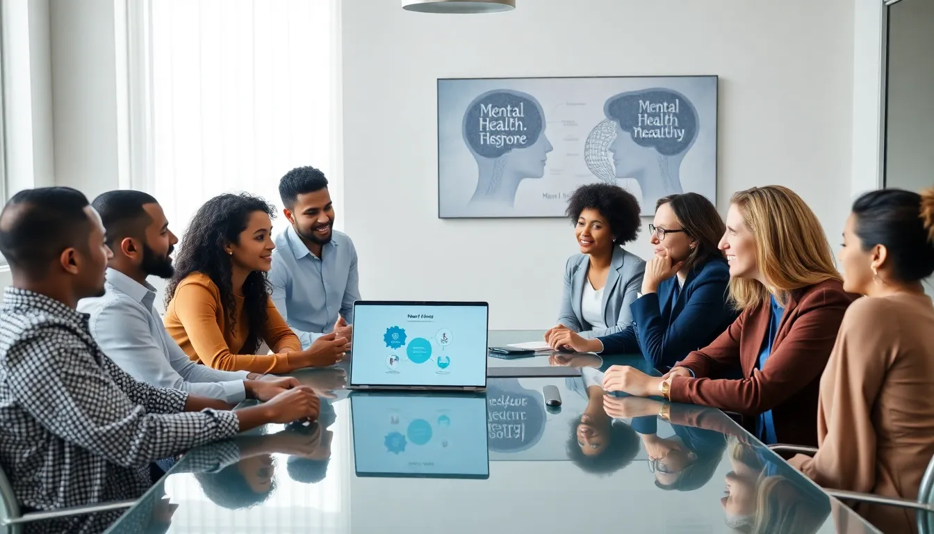 diverse team discussing mental health awareness in a modern office.