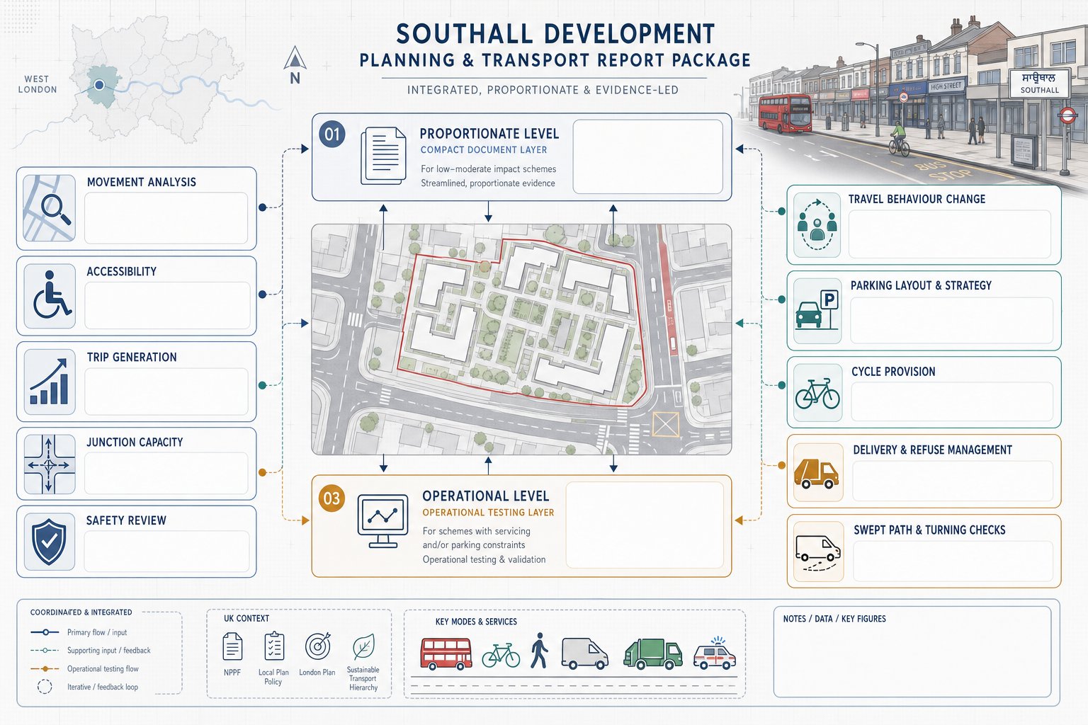 infographic showing transport reports and site access checks for Southall developments.