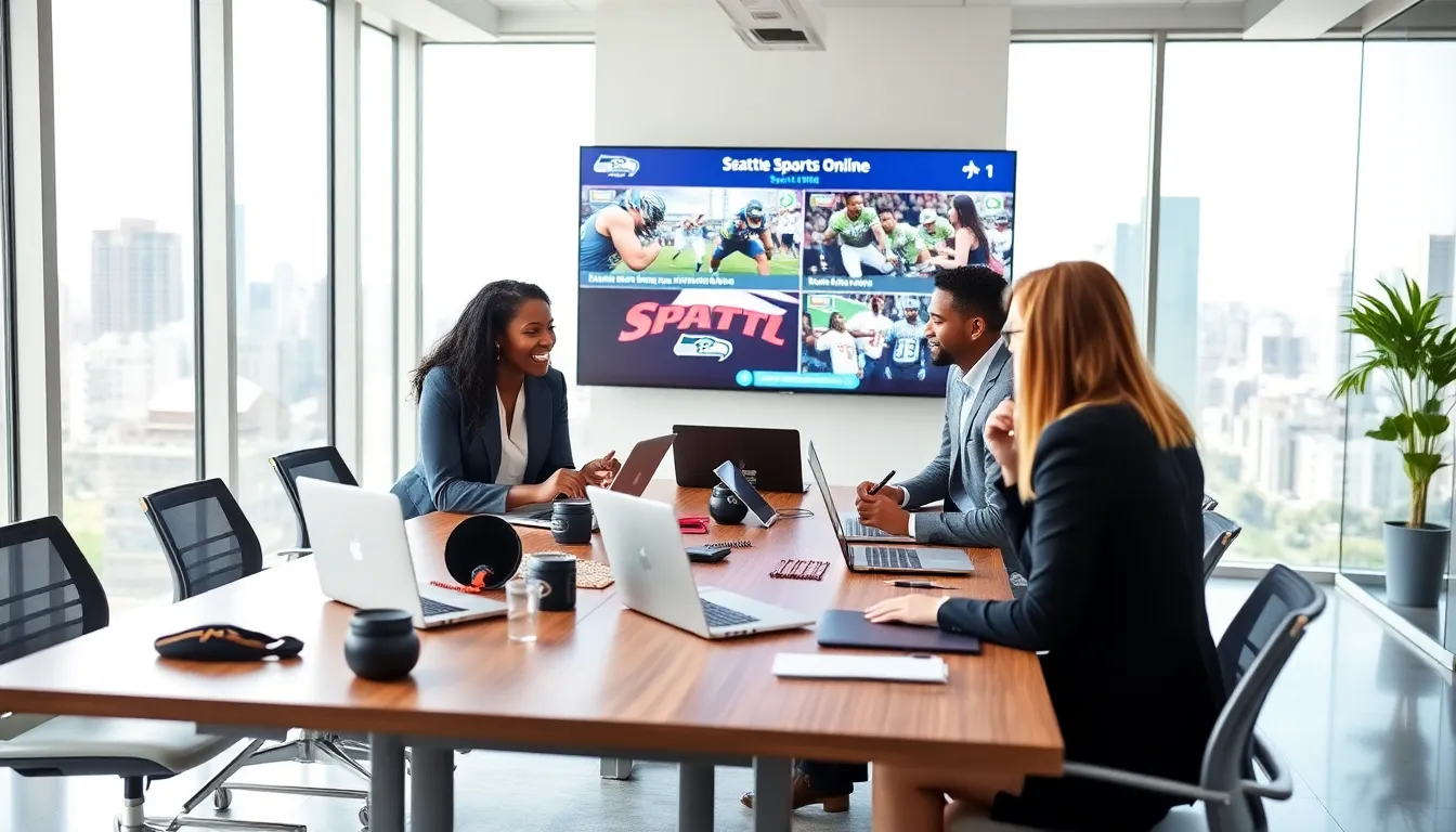 diverse professionals collaborating in a modern office about Seattle sports.