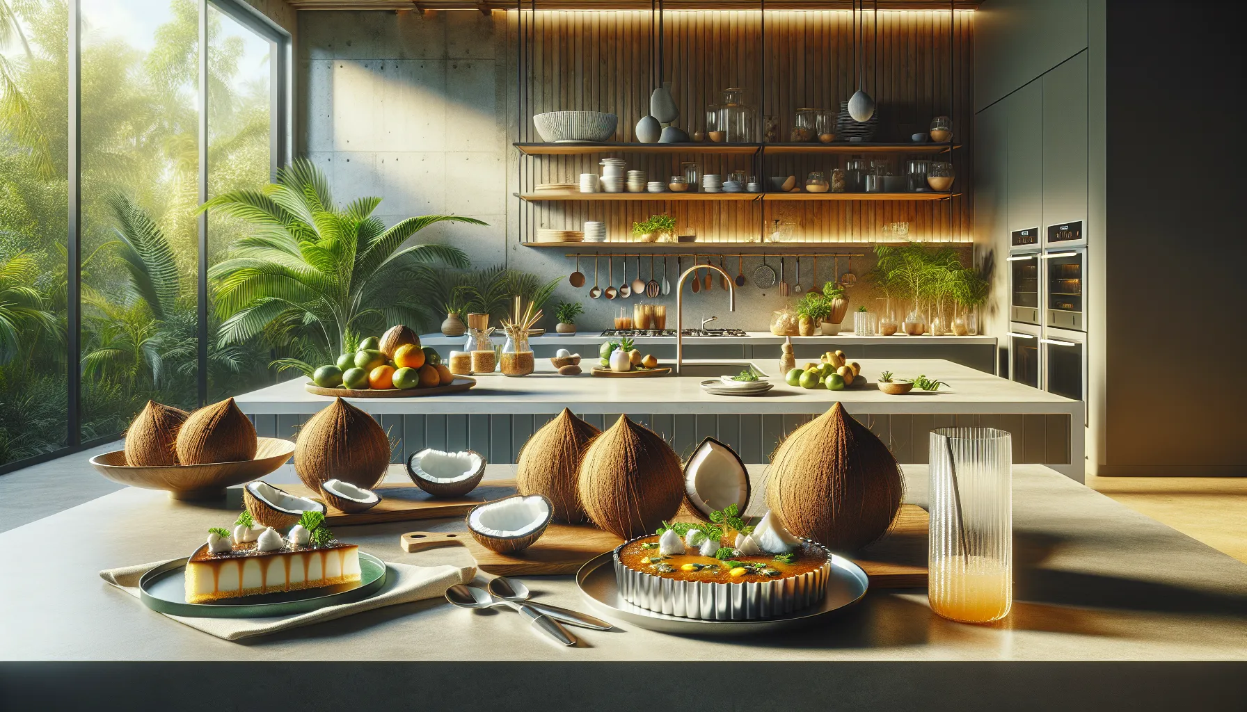 tropical kitchen showcasing Barnaby coconut dishes and drinks.